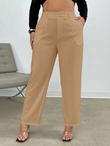 SHEIN Frenchy 秋冬季大码纯色西装裤 - 卡其色 - 查看 3