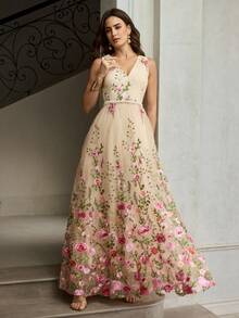 ZEYLAH Women's Fashion Rose Embroidered Dress - Apricot - View 5