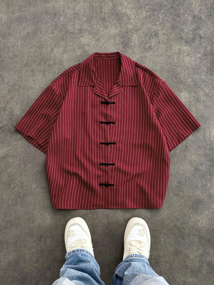 SWAVVY Men's Chinese Style Striped Button-Down Short Sleeve Shirt, Spring/Summer Couple Outfits Sets Red Striped Chinese Shirt - Red - View 1