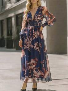 EMERY ROSE Robe élégante pour femmes avec col en V profond, tricot torsadé, taille fluide, imprimé floral semi-transparent et manches évasées - Multicolore - Voir 4