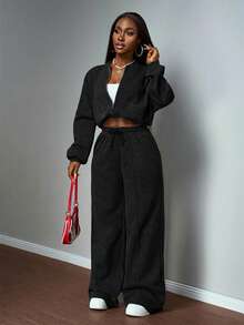 Slaydiva 2025 Autumn/Winter New Arrival Music Festival, Holiday, Western Style, Nomadic Style, Birthday Party, Graduation Season, Student Wear, Casual Daily Outfit, Basic Versatile, Letter Print Zip-Up Jacket And Straight Leg Sweatpants Set, Grey Faux Snow Flake Women 2 Pieces Set - Black - View 4