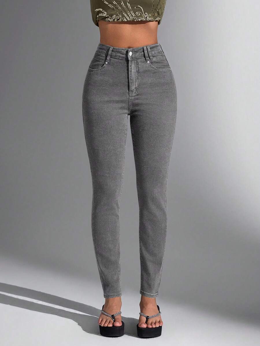 SHEIN Unity 女士纯色休闲牛仔裤 - 灰色 - 查看 1