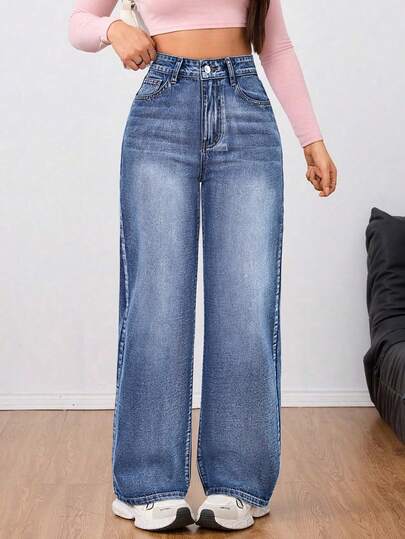 Jeanoix 高腰直筒宽松蓝色休闲百搭日常牛仔裤