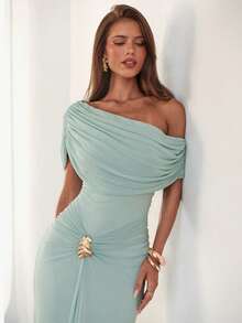 Aloruh 女士新款薄荷绿连衣裙，无袖，金属扣装饰，优雅垂坠设计 - 薄荷綠 - 查看 7