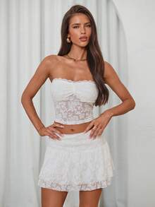 Aloruh 女士春夏度假及婚礼季，情人节针织纹理抹胸上衣，配蕾丝边和荷叶边裙摆 - 白色 - 查看 8