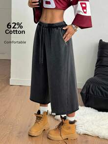 Coolane Quần short nữ mùa hè phong cách đường phố, cao bồi, cổ điển, dáng rộng, cạp chun, màu đen, thích hợp đi chơi. - màu đen - Xem 6