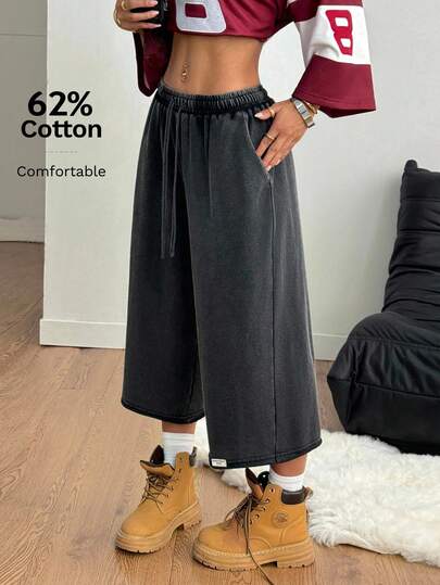 Coolane Damen Große Größen Frühling/Sommer Streetwear Cowgirl Vintage Ausgeh Weite Gewaschen Elastischer Bund Schwarze Shorts