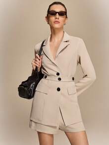 Hanevo Women's Solid Color Lapel NeckLong Sleeve Single-Breasted Jacket And Shorts Casual Suit Set - Apricot - View 6