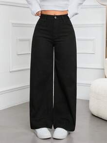 SHEIN EZwear Quần denim ống rộng cạp cao, dáng rộng, dễ mặc, đa năng cho nữ - màu đen - Xem 6