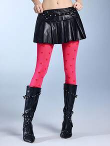 ROMWE Kawaii 1双女士银色爱心图案连裤袜，简约时尚休闲风，四季皆宜，日常穿着 - 玫紅色 - 查看 4