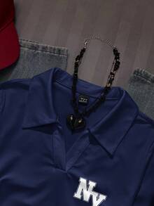 Attitoon Casual Retro Style, Minimalist Style, College Style Black NY Letter Placement Print Pattern, NY Logo Pattern, Women's Casual Fashion Print Polo Collar, Versatile Long Sleeve T-Shirt, Suitable For Autumn/Winter, Airport Outfit Carnival - Navy Blue - View 3