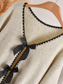 CosyJoli Plus Size V-Neck Contrast Trim Bow Decor Elegant Long Sleeve Cardigan/Winter Fall/Winter - Apricot - View 4