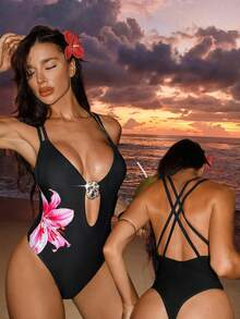 Swim SXY Traje de baño de mujer de moda, estampado de flor de hibisco negro, con tirantes cruzados en la espalda, diseño hueco, escote en V profundo, sexy y elegante, traje de baño de una pieza minimalista, adecuado para vacaciones de primavera/verano y playa - Negro - Ver 3