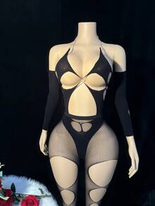 4pcs Women's Sexy Mesh See-Through Bodystocking Set - Black - View 4