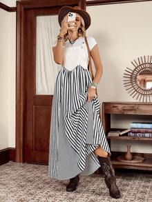 Women's Western Casual White Denim Effect Patchwork Black & White Striped Adjustable Strap Dress, LanaWest - White - View 3