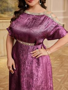 Reflora Plus Size Women's Elegant Dark Purple Satin Dress,Winter Formal Patchwork Ribbon Trim Hollow Out Design,Modest Party Wedding Guest Long Midi Dress - Purple - View 3