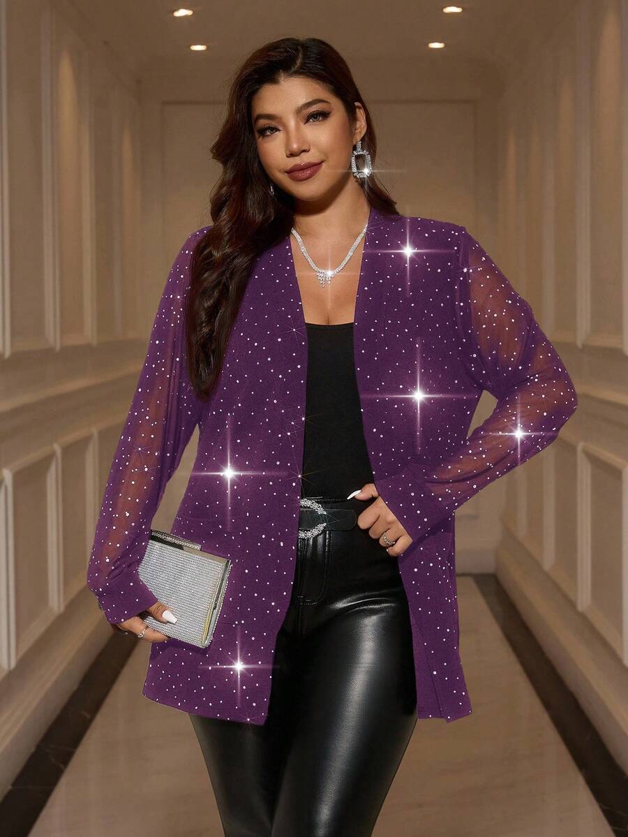 SHEIN Clasi Plus Size Mesh Patchwork Long Sleeve Sheer Sparkly Elegant Jacket - Purple - View 1