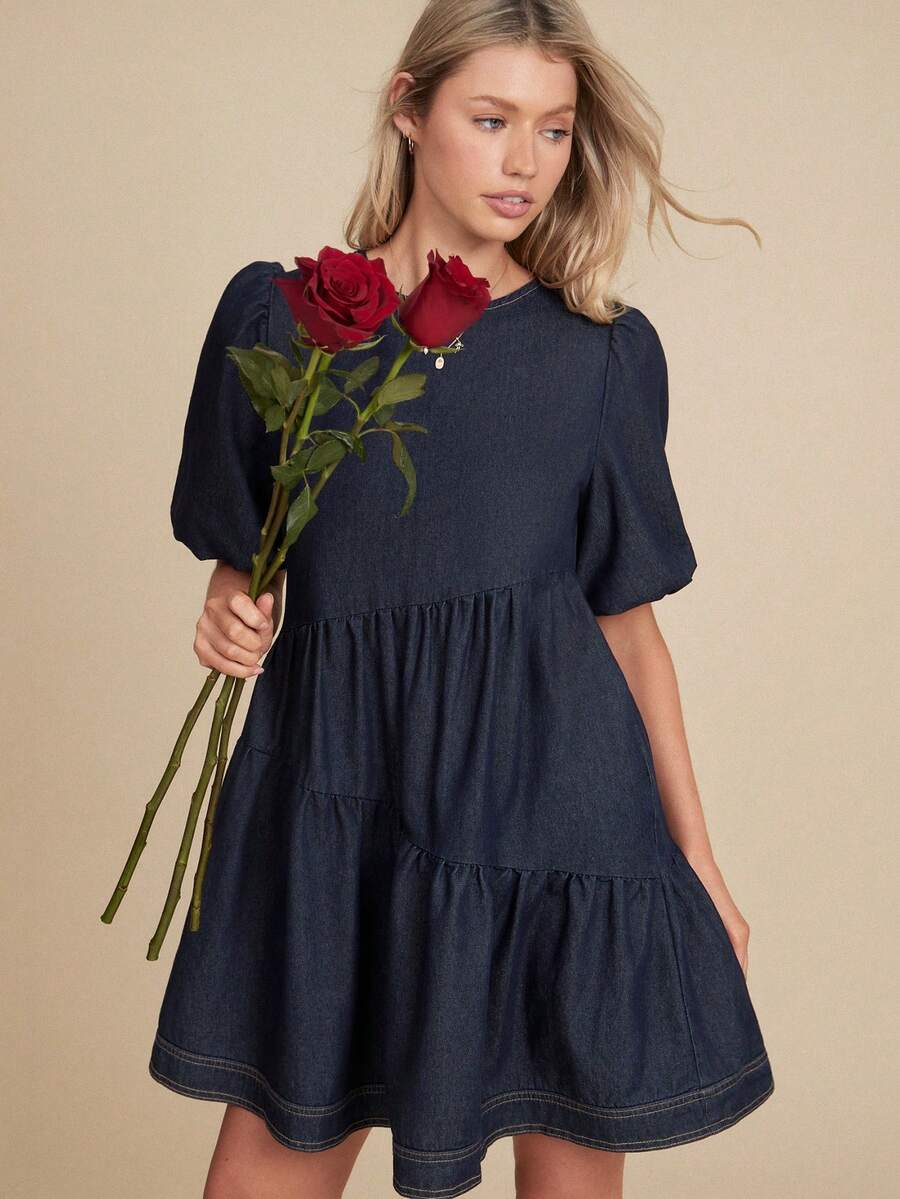 WESTFADE 泡泡袖不对称层叠圆领宽松娃娃牛仔迷你连衣裙 - 深色水洗藍 - 查看 1