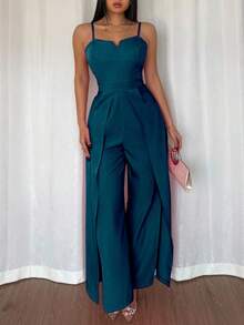 Breezaya 女士时尚日常百搭V领无袖收腰开衩下摆连体裤 - 水鴨藍 - 查看 8