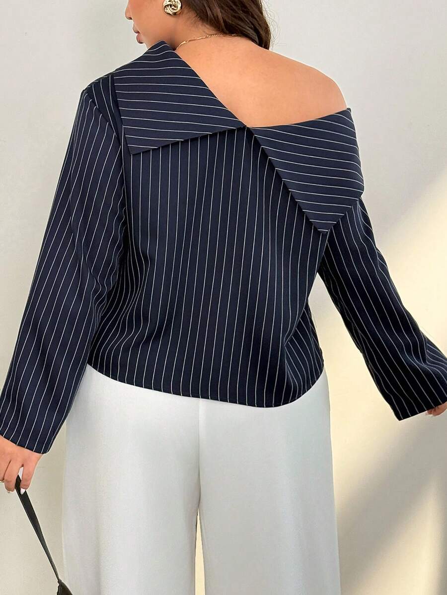 Auralis Navy Blue & White Striped Asymmetric Ruffle Detail Blouse, Plus Size Shirt For Commute, Office, Performance, Date, Sexy, Elegant Romantic, Office Lady, Mermaid Style, Birthday Party Arabian - Blue and White - View 1