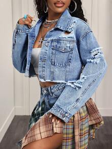 BamGleam Áo khoác denim nữ dáng casual, rách rưới, cài một hàng khuy. - Màu xanh lam - Xem 3