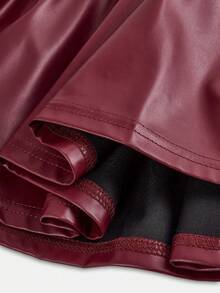 SHEIN Tween Girl Casual High-Waisted Versatile Solid Color Pleated Short PU Skirt - Burgundy - View 4