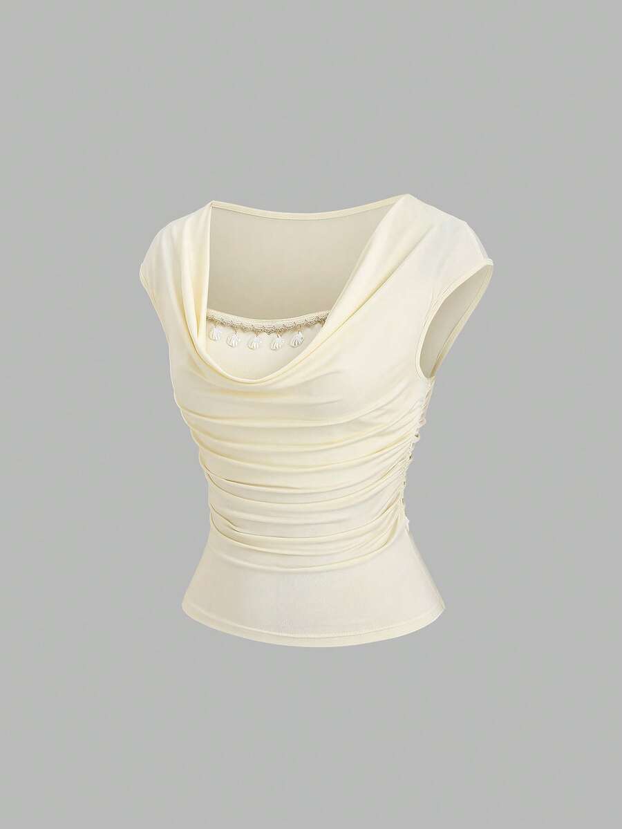 Sweetra Women's New Design Sense High Street Elegant Strapless Sexy Slim Fit Elegant Vacation Shell Ruffle Versatile Comfortable Outdoor Yellow Strapless Scoop Neck T-Shirt, Spring/Summer - Yellow - View 1