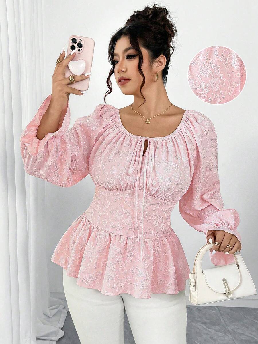 Elenzga Áo thun dáng chữ A ôm sát, cổ tròn, tay bồng, chất liệu dệt kim dập nổi 3D, cỡ lớn, thanh lịch, thích hợp cho các buổi đi chơi, đi làm, hẹn hò và tụ họp. - Hồng - Xem 1