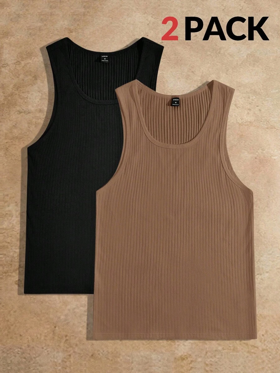 Manfinity VCAY 男士纯色圆领罗纹针织休闲上衣 男士无袖上衣 男士背心套装 男士背心 棕色背心 男士棕色上衣 罗纹背心 - 彩色 - 查看 1