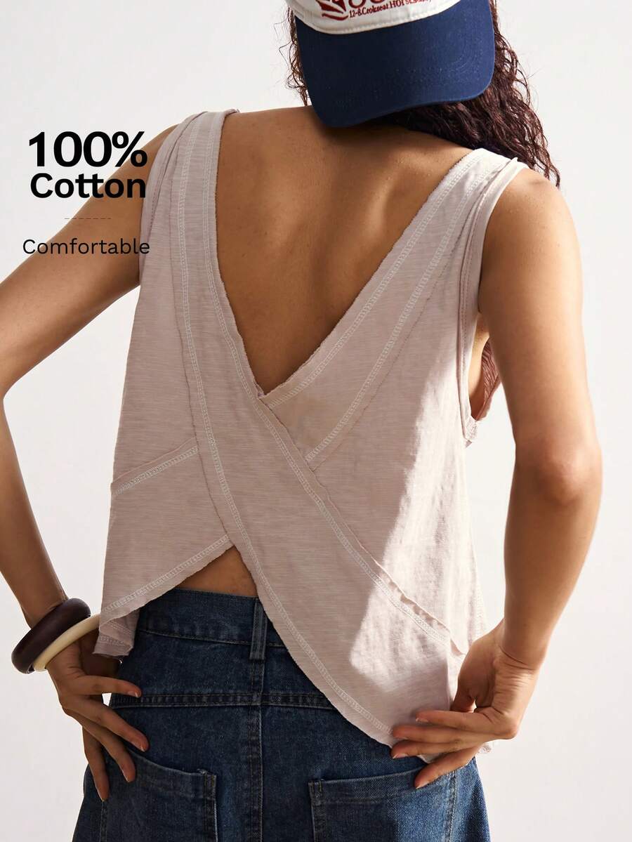 Bohemela Women's Solid Knitted V-Neck Asymmetrical Hem Tank Top Cotton - Beige - View 1