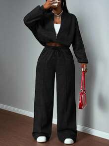 Slaydiva 2025 Autumn/Winter New Arrival Music Festival, Holiday, Western Style, Nomadic Style, Birthday Party, Graduation Season, Student Wear, Casual Daily Outfit, Basic Versatile, Letter Print Zip-Up Jacket And Straight Leg Sweatpants Set, Grey Faux Snow Flake Women 2 Pieces Set - Black - View 5