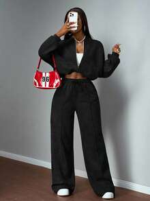 Slaydiva 2025 Autumn/Winter New Arrival Music Festival, Holiday, Western Style, Nomadic Style, Birthday Party, Graduation Season, Student Wear, Casual Daily Outfit, Basic Versatile, Letter Print Zip-Up Jacket And Straight Leg Sweatpants Set, Grey Faux Snow Flake Women 2 Pieces Set - Black - View 6