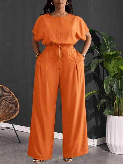 Slaydiva 2025 Spring/Summer New Elegant & Commute & Party & Club & Outdoor Green Loose Drop Shoulder Drawstring Hem Cropped Top And Wide Leg Pocket Pants Women Plus Size 2-Piece Set - A