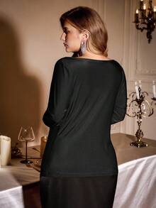 SHEIN Essnce 大码优雅女士连衣裙，派对上衣，红色长袖上衣，优雅翻领女士连衣裙，长袖女士连衣裙，红色上衣，圣诞节，派对女士连衣裙 - 黑色 - 查看 2