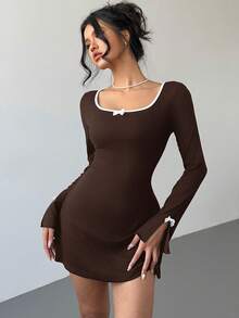 Aloruh Đầm ngắn tay dài thời trang dành cho nữ, viền nơ trang trí. - màu nâu - Xem 4