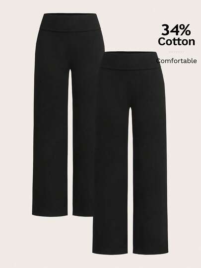 SHEIN EZwear 2pcs Women Casual High Waist Fold Over Wide Leg Straight Pants, Suitable For Summer