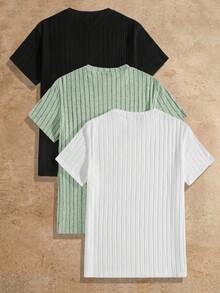 HIMLAND 3pcs Pack Men's Plain Round Neck Rib-Knit Leisure Short-Sleeved T-Shirt - Green - View 2