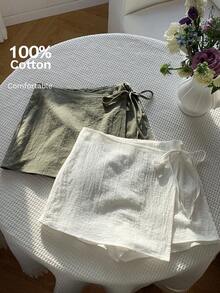 Comfortcana 全新两件套女士夏季休闲亚麻蝴蝶结裤裙绿色和杏色抽绳裹身短裤套装，适合海边度假 - 彩色 - 查看 1