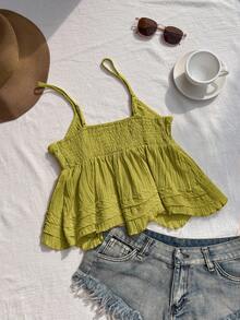 Comfortcana 女士纯色荷叶边下摆时尚吊带背心 - 綠色 - 查看 2