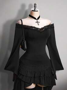 SHEIN ICON 大码女式V领蕾丝拼接喇叭袖T恤 - 黑色 - 查看 7