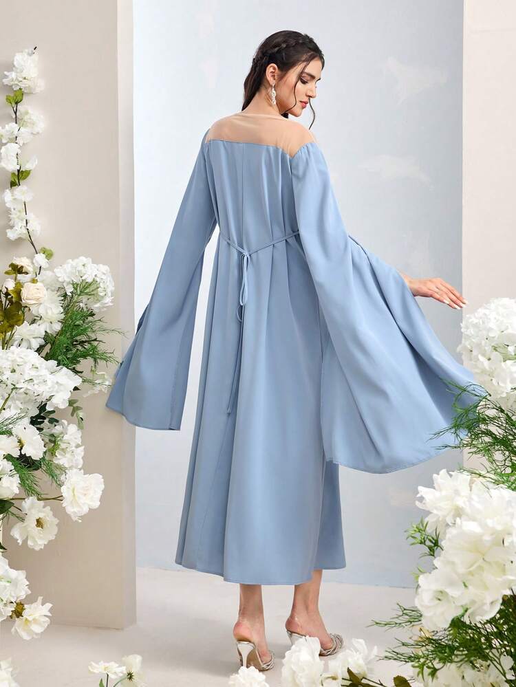 Al Najma 女士时尚优雅网纱拼接土耳其长裙，阿拉伯传统长袍 - 藍色 - 查看 7