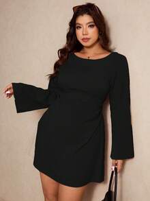 Elaquor Đầm thời trang cỡ lớn dành cho nữ, màu trơn, cổ tròn, tay loe, xếp ly. - màu đen - Xem 4