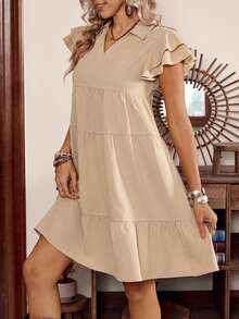 LanaWest Women's Casual Western Style Khaki Crinkle Fabric Shirt Dress, Collared, Double Ruffle Sleeve, Loose A-Line Short Dress, Spring/Summer - Khaki - View 1