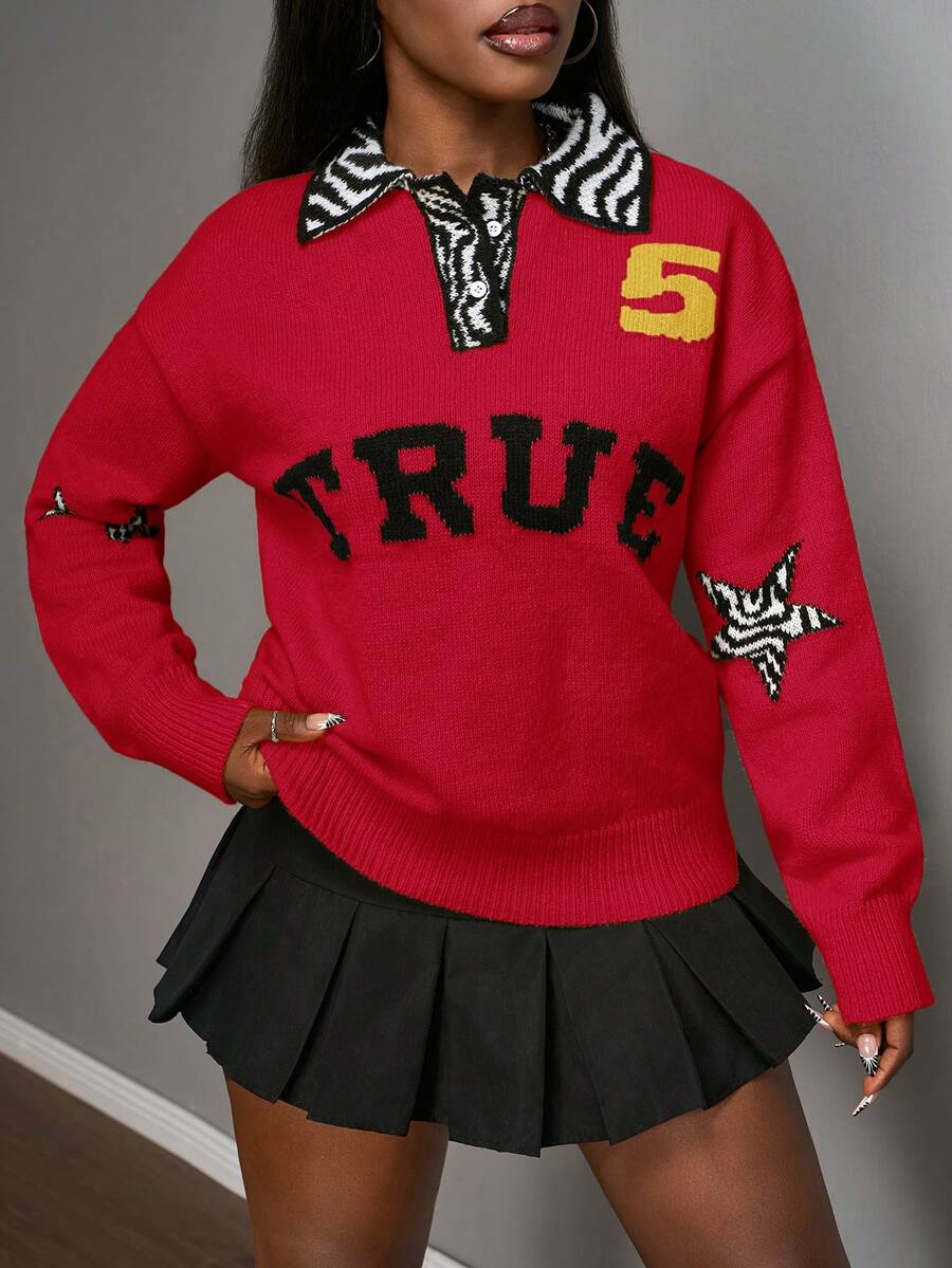 Slaydiva Áo len nữ tay dài cổ polo họa tiết chữ cái và họa tiết da báo, kiểu dáng thường ngày, phong cách đường phố, phù hợp cho mùa thu đông 2025, thích hợp cho đi học, dự tiệc, Halloween, Giáng sinh, đi chơi, sinh nhật, ăn trưa, tiệc tùng, mặc hàng ngày, đi club, phong cách gợi cảm. - Đỏ - Xem 1
