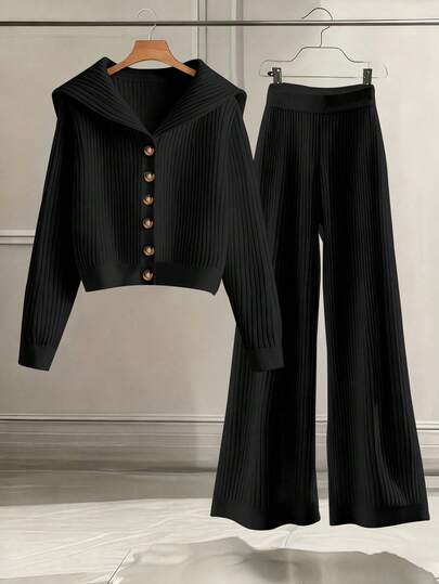 GlowEve CURVE Conjunto de 2 piezas de punto para mujer talla grande: Cárdigan con cuello + Pantalones