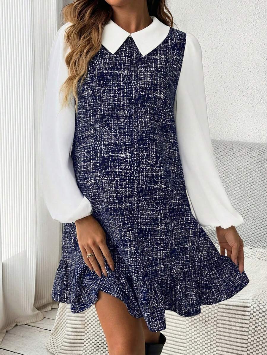 SHEIN Maternity Casual Round Neck Sleeveless Dress, Autumn - Blue - View 1