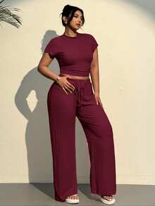 SHEIN EZwear Conjunto de top y pantalones de punto texturizado con cordón, informal y de talla grande - Burdeos - Ver 3