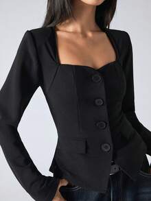 SHEIN EZwear 女士简约时尚休闲日常西装外套（秋冬季款） - 黑色 - 查看 3