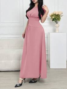 Feyla 女士纯色圆领短袖收腰优雅长裙 - 粉色 - 查看 5