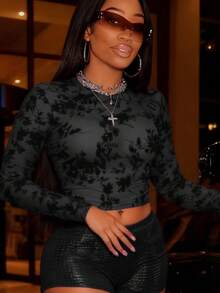 Slaydiva 2025秋冬新款复活节西式游牧风生日派对毕业季学生日常出游百搭基础休闲邮轮旅行植绒网眼上衣PU弹力短裤女式两件套-B - 黑色 - 查看 2